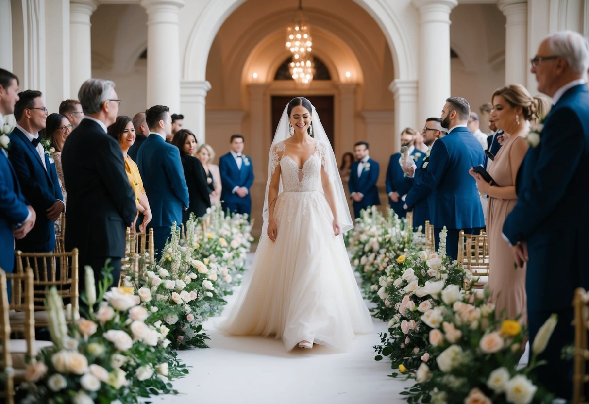 A figure in a flowing gown moves gracefully down the flower-lined aisle as music fills the air