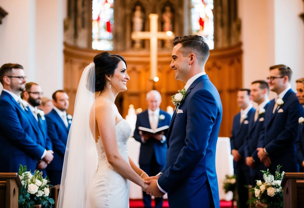 The bride and groom stand facing each other at the altar