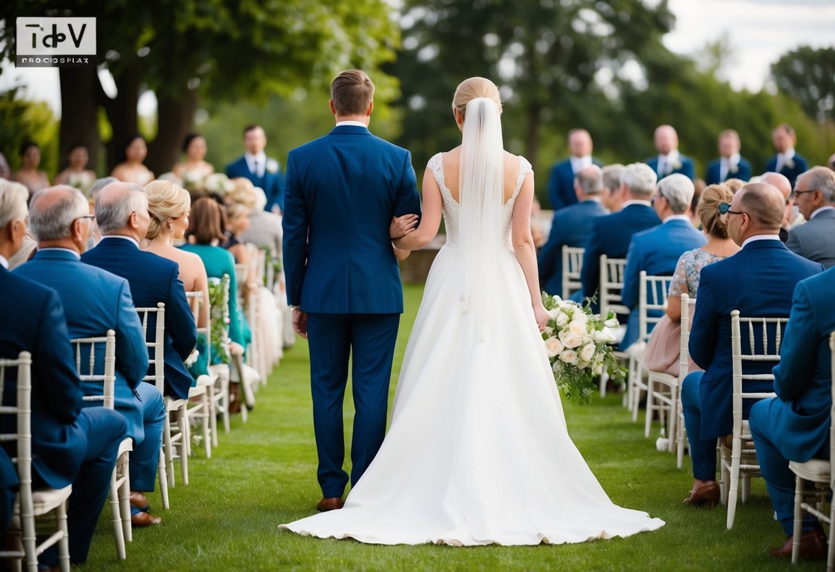 The bride and groom stand at the front of the wedding procession, facing the guests seated in rows