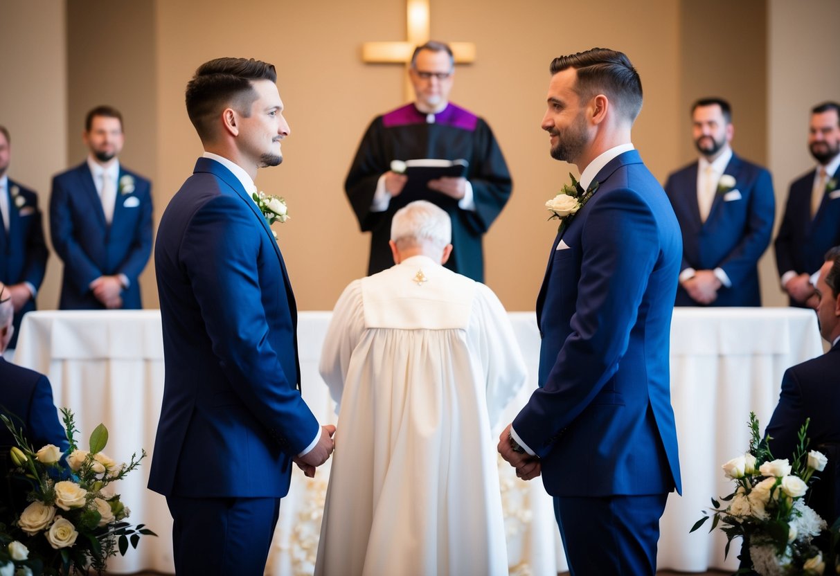 The bride and groom stand facing each other at the altar, with the wedding officiant positioned in the center, overseeing the ceremony