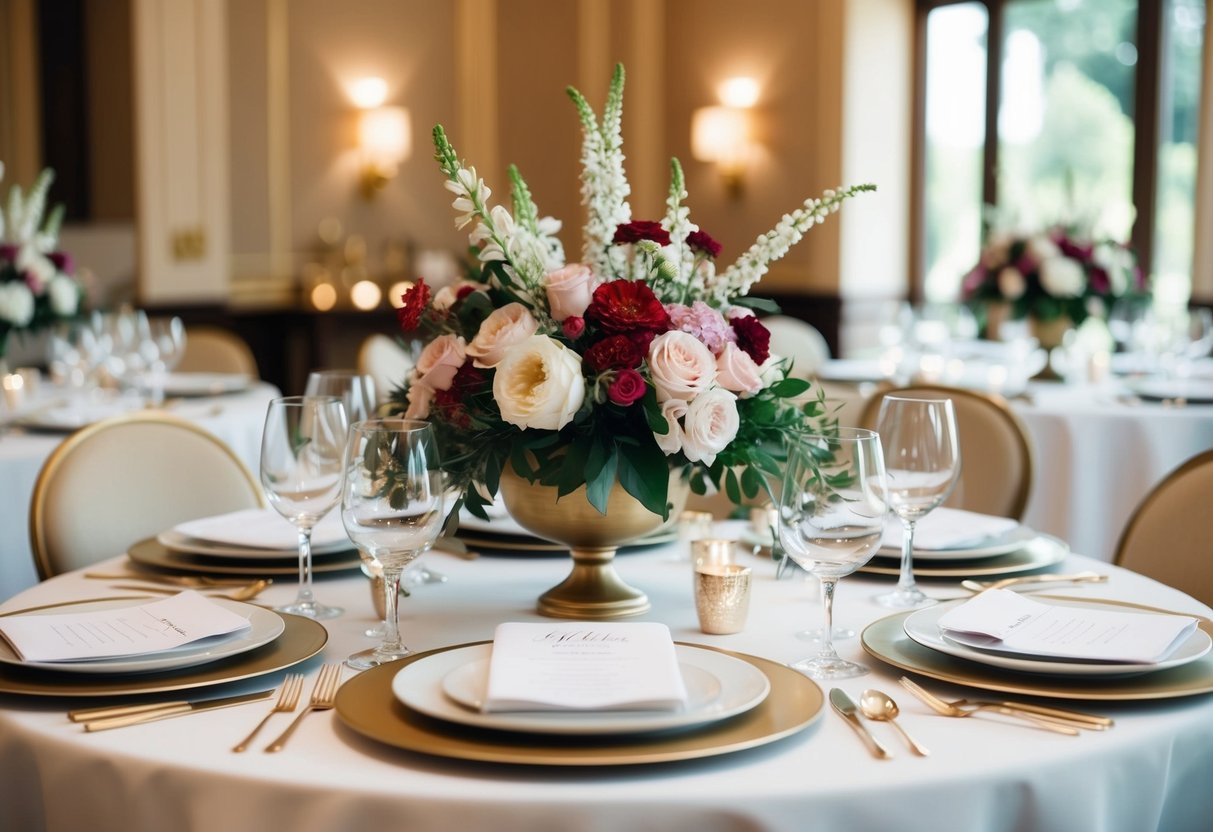 A beautifully decorated table with elegant place settings and floral centerpieces