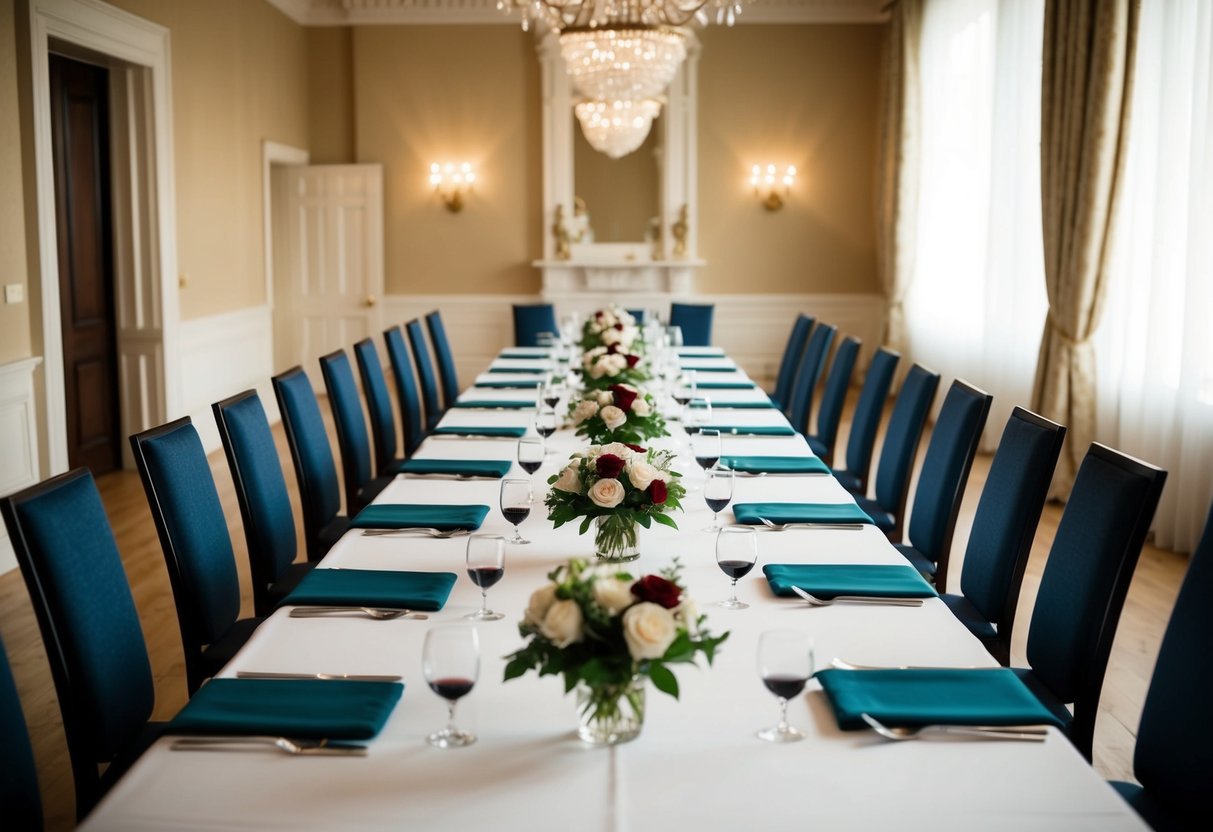 A long table with multiple chairs arranged in a formal setting