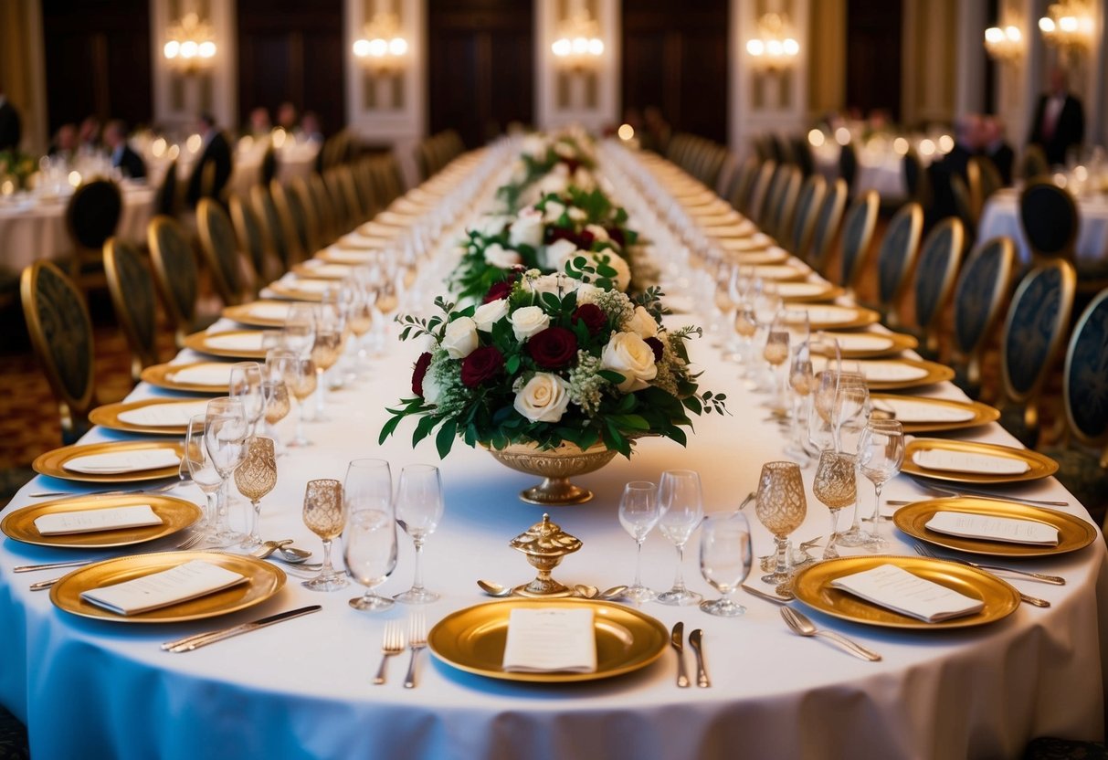A grand banquet table with ornate place settings arranged in a hierarchical order, with the most important guests seated at the center and lesser guests placed further away