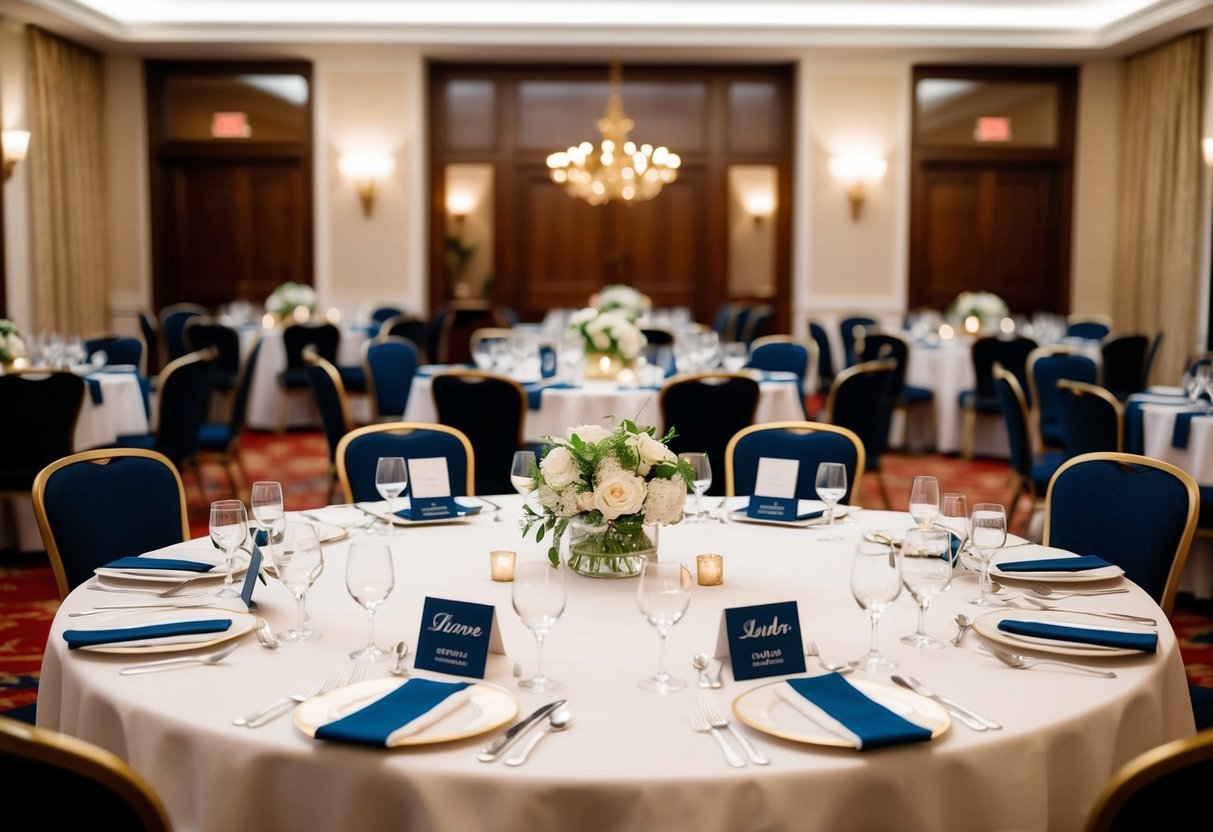 A large round table with place settings and name cards in a formal dining room setting
