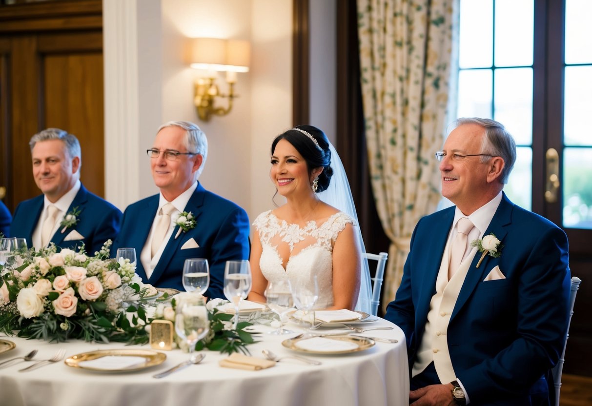 The parents of the bride and groom sit at a designated table near the head table, adorned with elegant floral centerpieces and personalized place settings