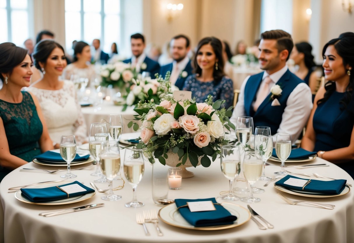 A table set with elegant place settings and floral centerpieces, indicating the presence of the mother of the bride and her guests