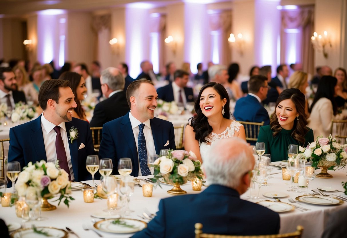 Guests seated at a long banquet table, chatting and laughing, with elegant place settings and ornate centerpieces