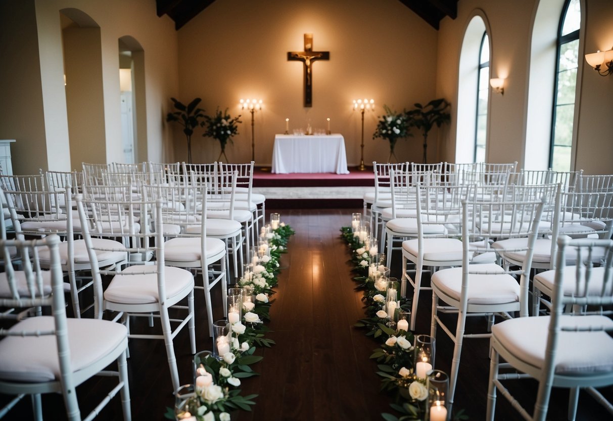 A traditional wedding ceremony seating plan with rows of chairs facing an altar or ceremonial space
