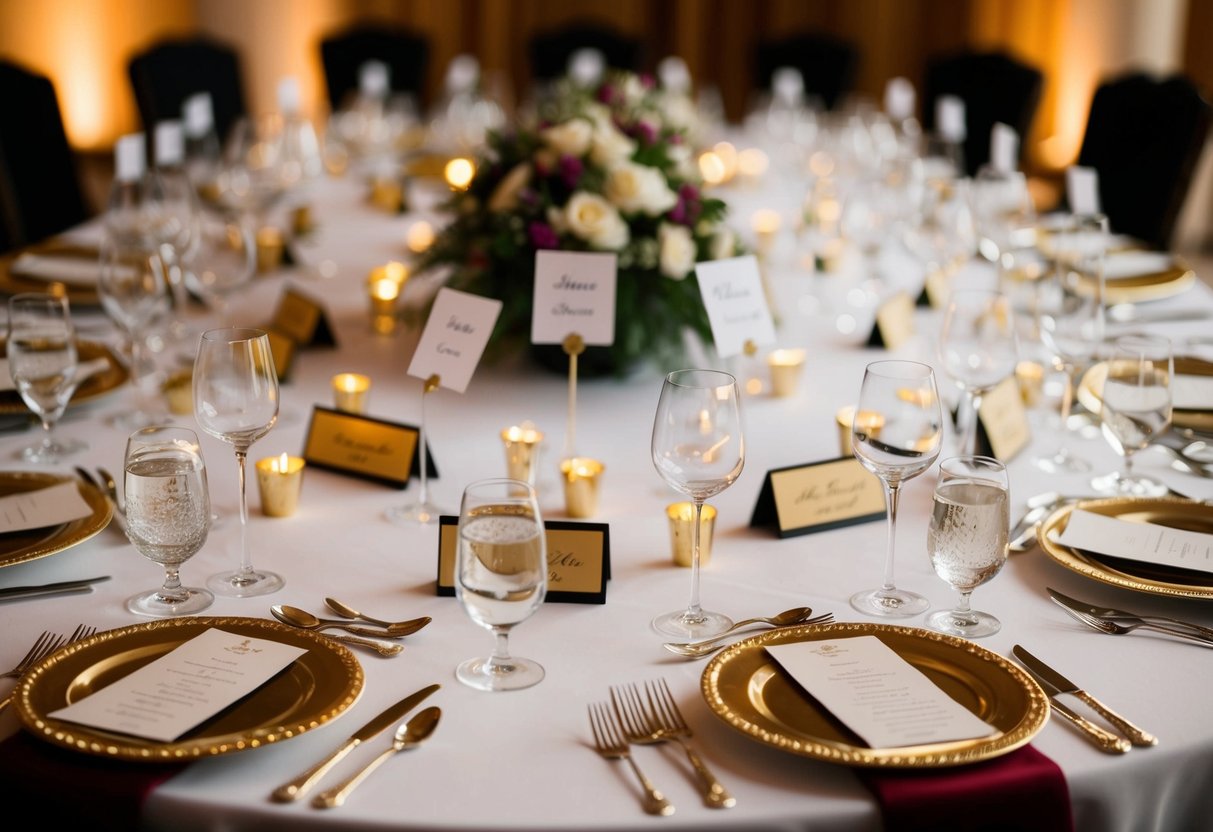 A grand banquet table with ornate place settings and name cards arranged in a precise order, indicating the seating arrangement of the key players