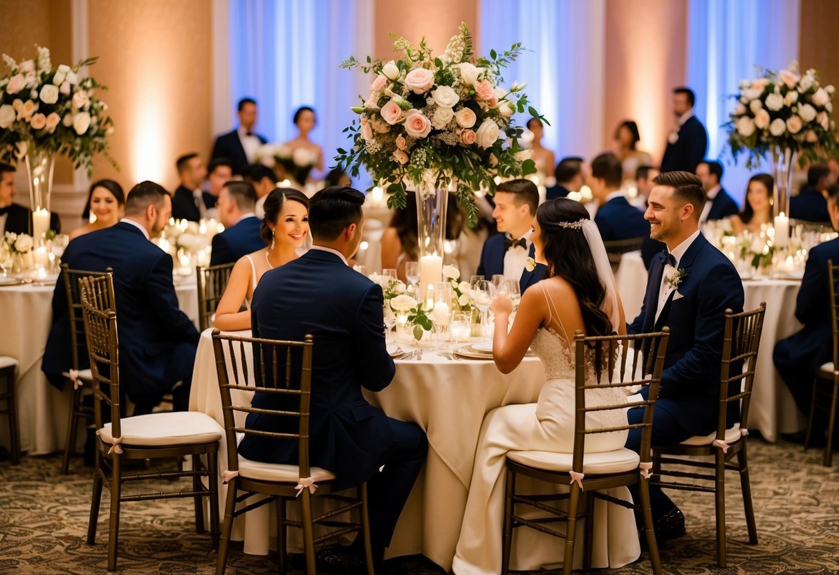 Couples seated at round tables, with elegant table settings and floral centerpieces, surrounded by soft candlelight and a warm, romantic ambiance