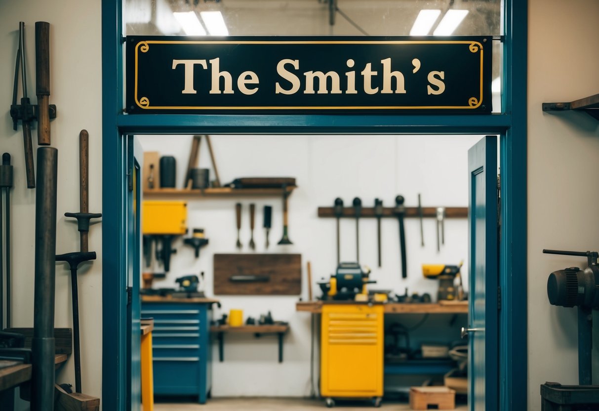 A workshop with tools and a sign reading "The Smith's" above a door