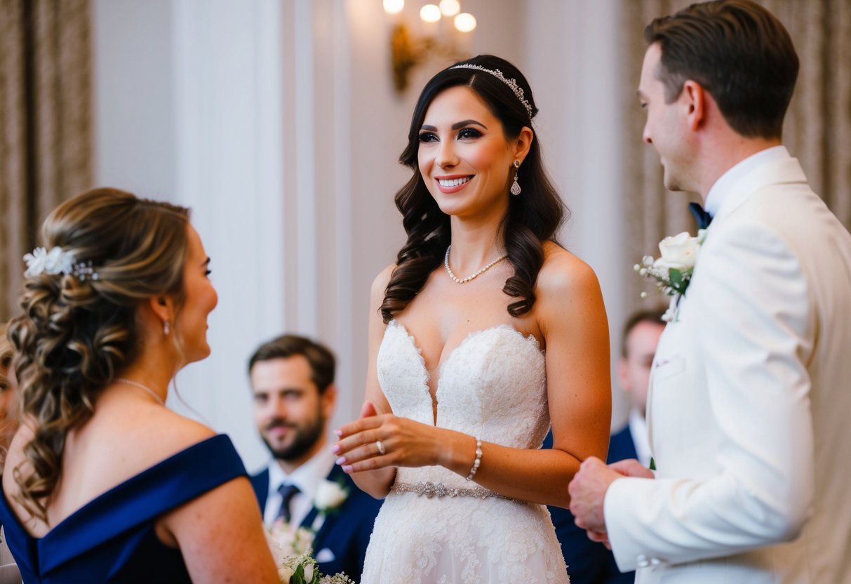 A woman in an elegant dress, standing near the bride, with a warm smile, offering support and assistance during the ceremony and reception