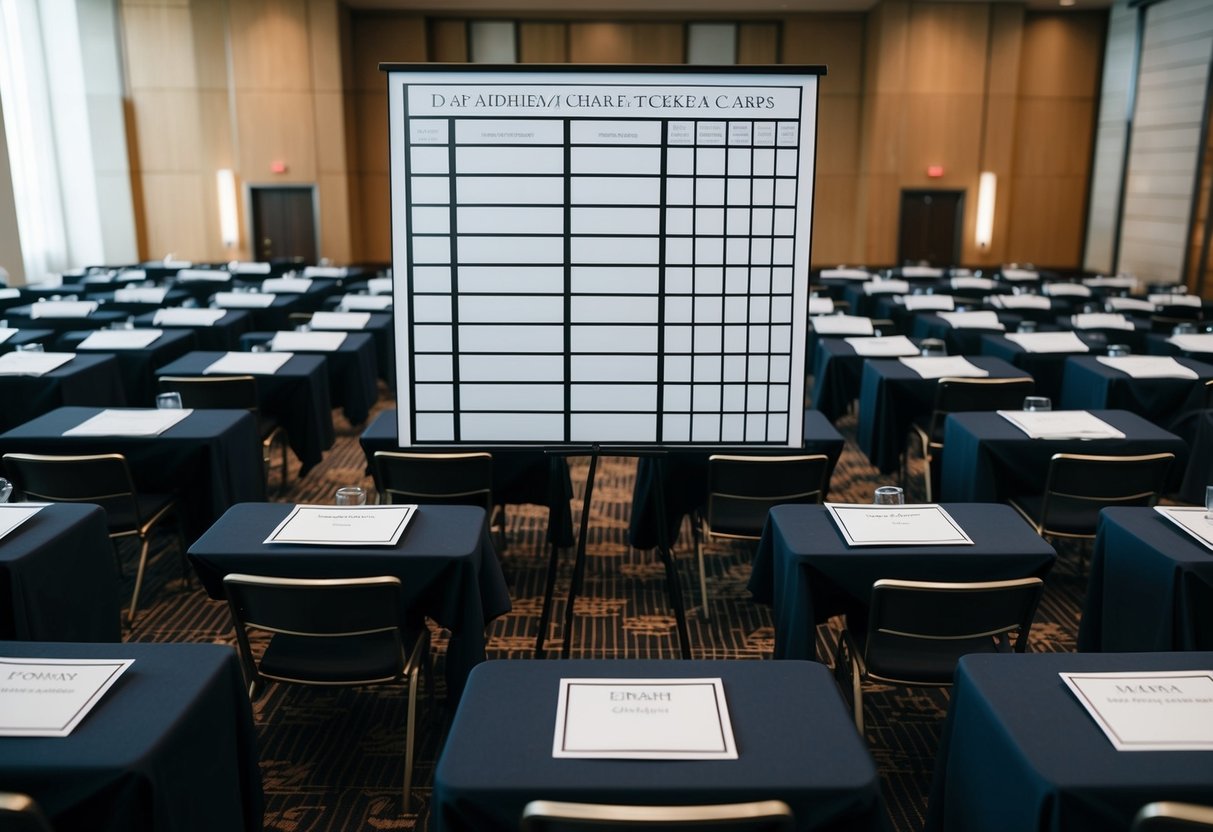 Tables arranged in a large room, each with assigned seating cards. A diagram or chart displayed for reference