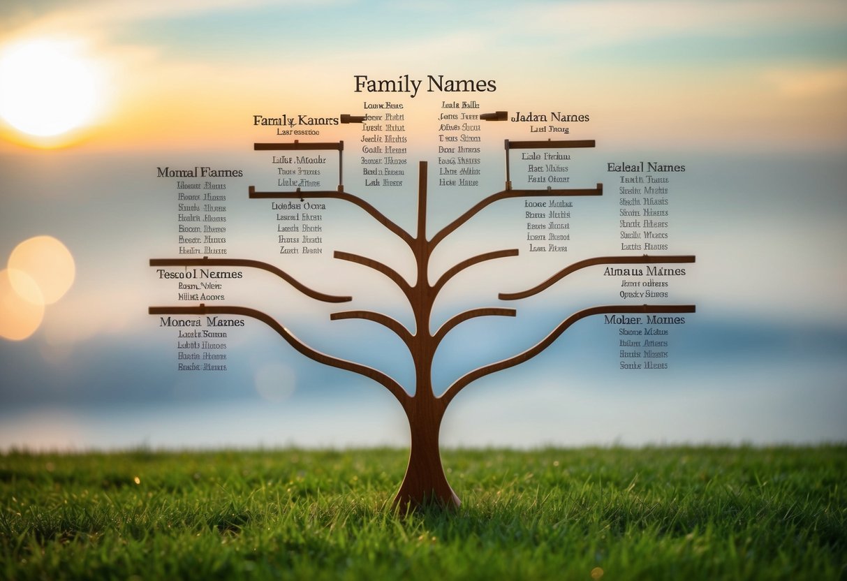 A family tree with multiple generations, showing the correct order of last names