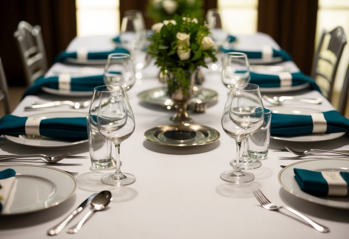 A formal dining table with place settings arranged according to proper etiquette, including placement of utensils, glassware, and napkins