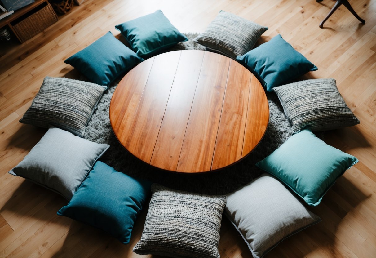 A low wooden table surrounded by floor cushions in a circle