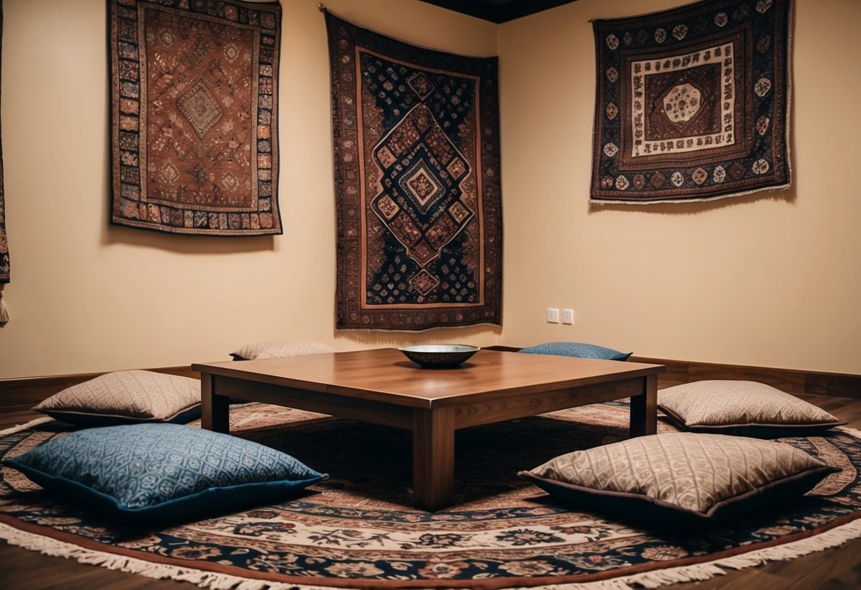 A low wooden table surrounded by floor cushions, with decorative rugs and tapestries adorning the walls