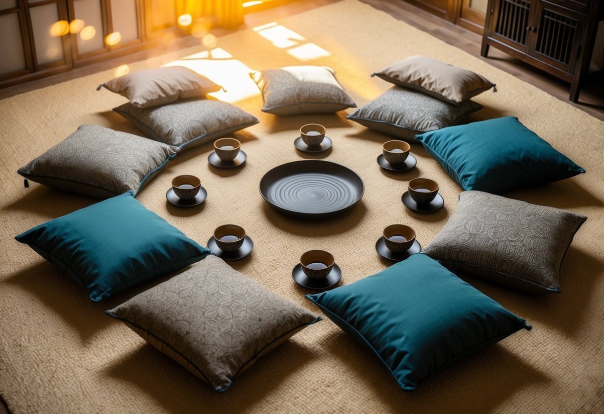 A circle of floor cushions surrounded by low tables and tea sets. Warm light and soft colors create a calming atmosphere