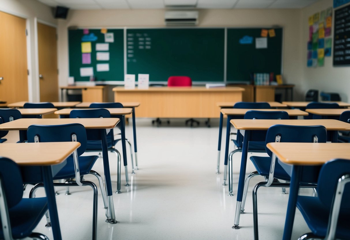 A classroom with rows of desks facing the front, with a teacher's desk at the front of the room