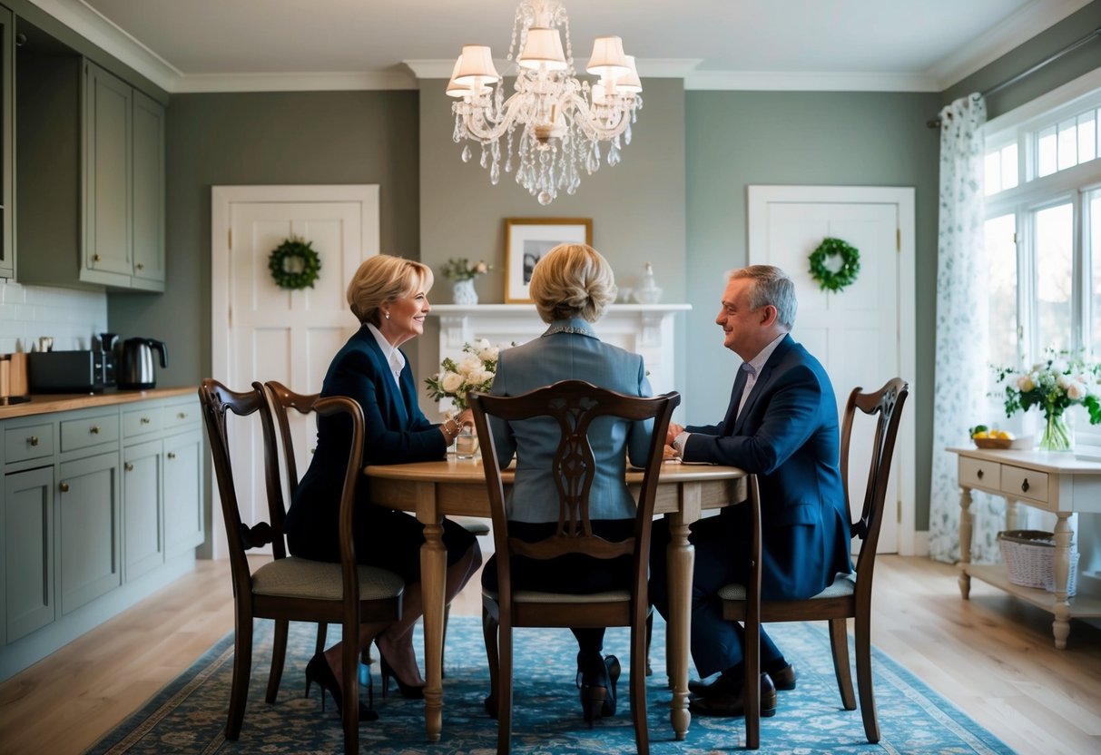 The wife should sit at the head of the table, with a clear view of the room and easy access to the kitchen