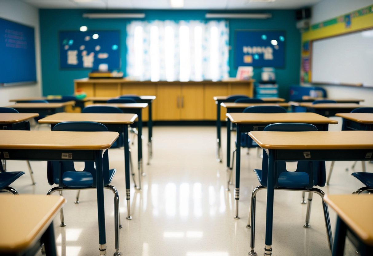 A classroom with rows of desks facing the front, with a teacher's desk at the front of the room
