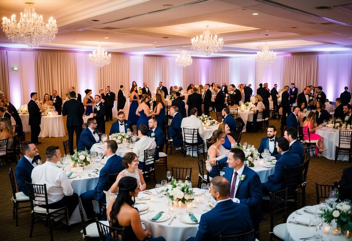 The wedding party is scattered across the reception venue, with guests mingling at various tables and enjoying the festivities