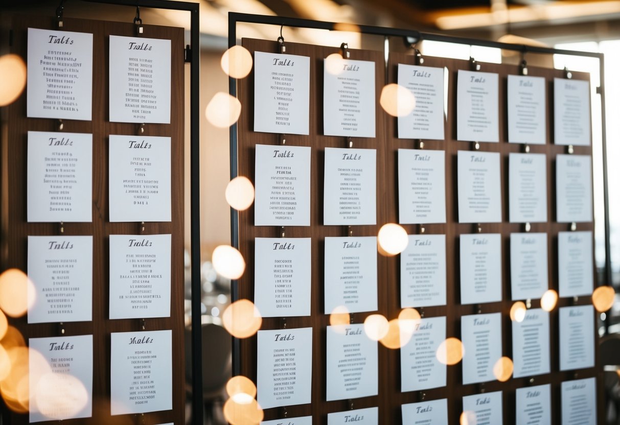 A large seating chart with labeled tables and names arranged in alphabetical order