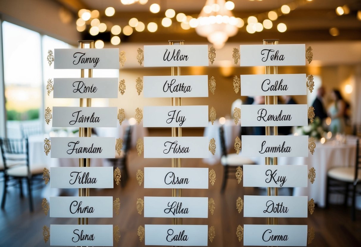 Guest names arranged on a wedding seating chart with tables and chairs in a reception hall