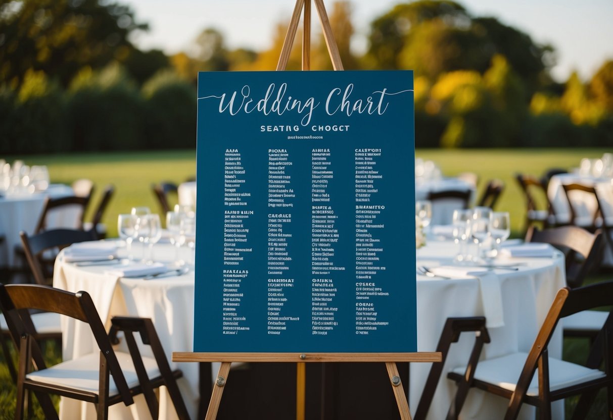 A wedding seating chart with labeled tables and assigned names for each guest