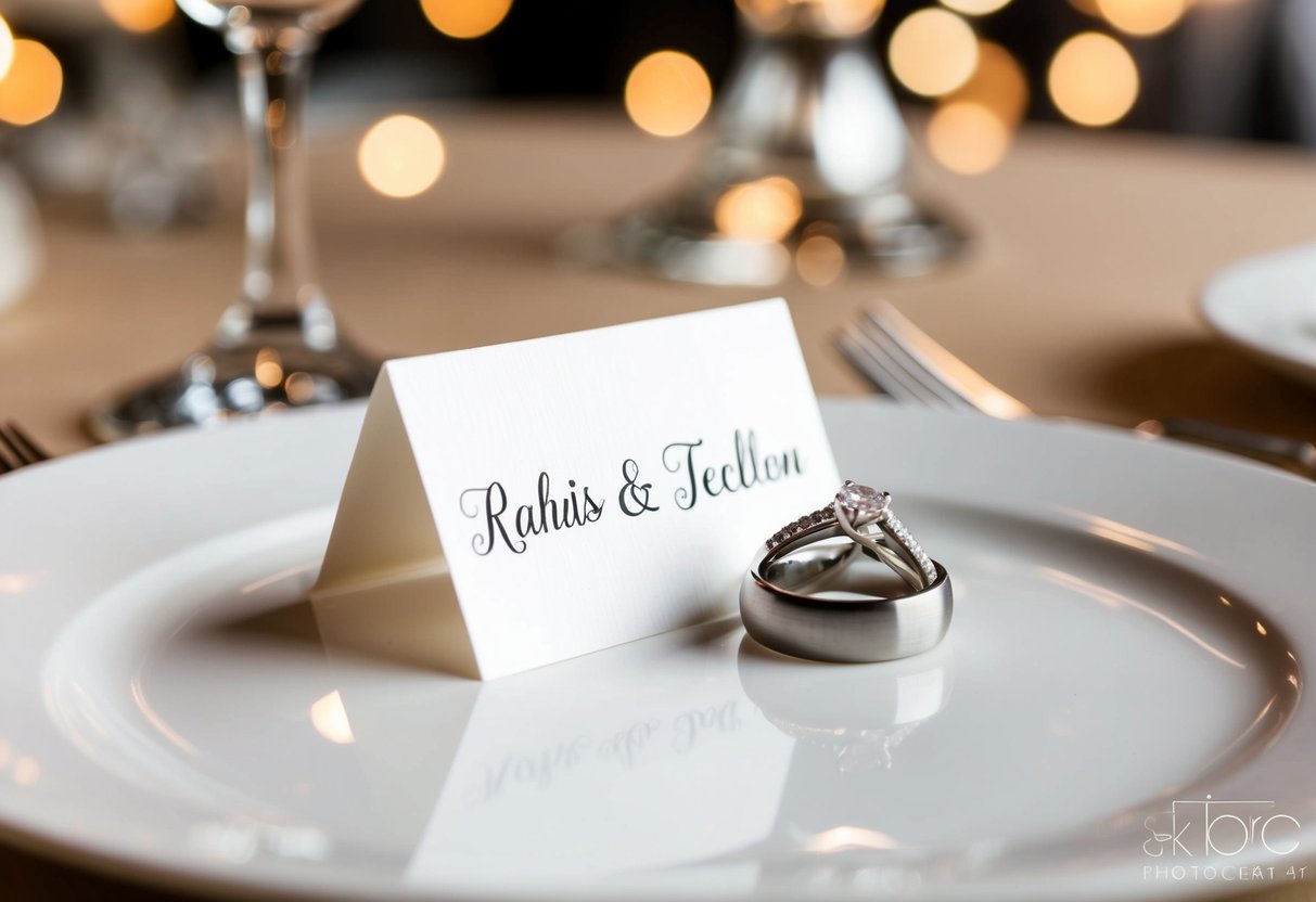 A place card with two intertwined rings and the couple's last name
