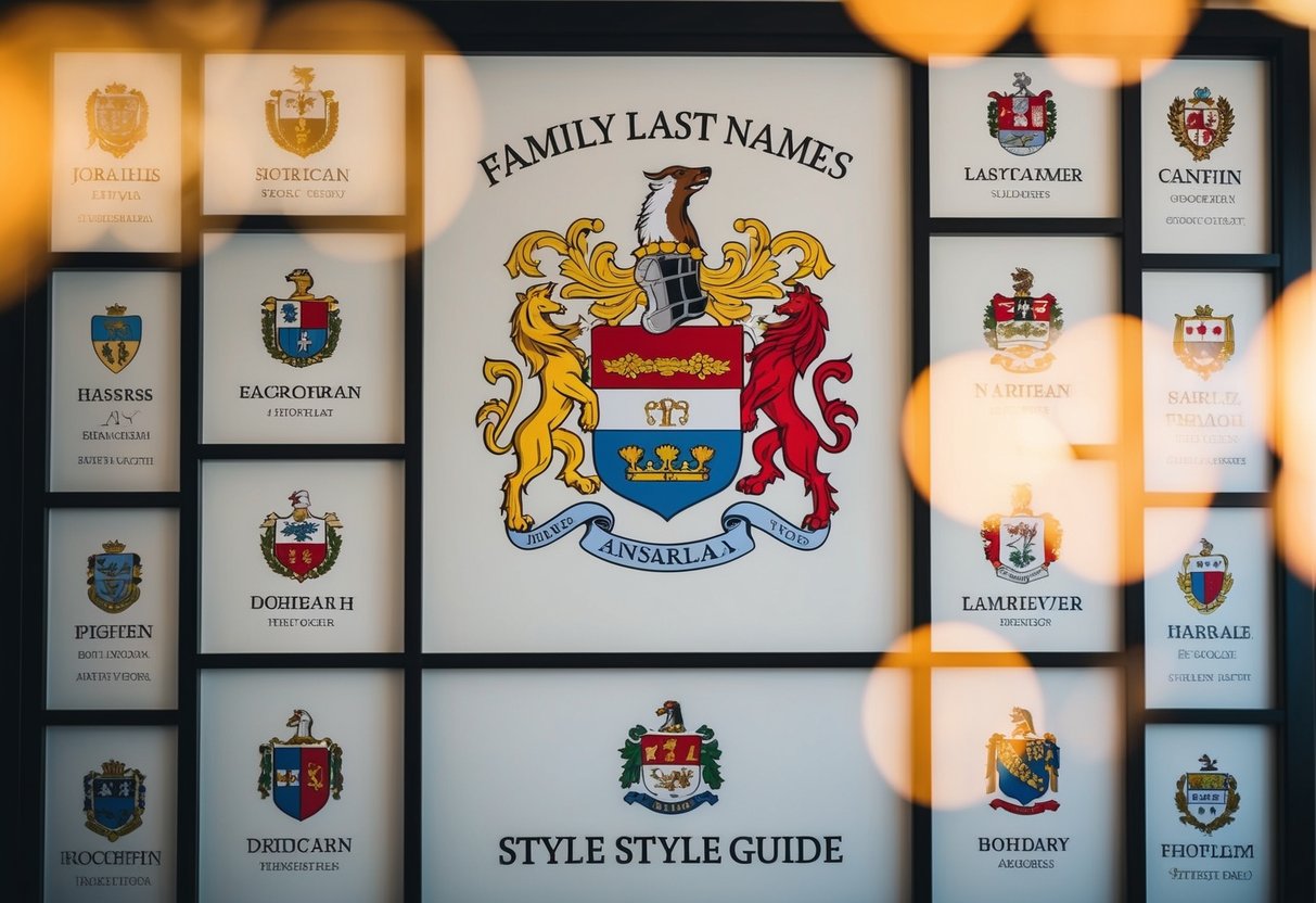 A family crest with various last names displayed in a decorative style guide