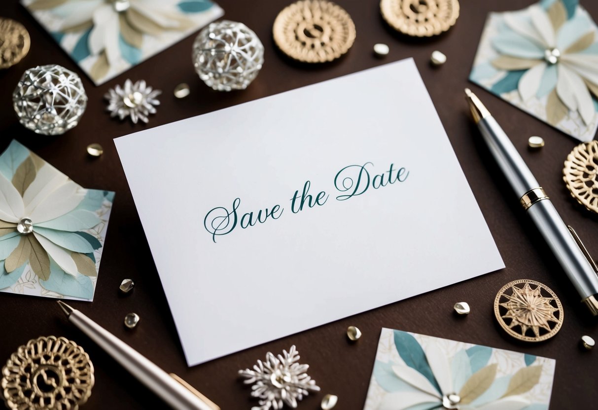 A blank save the date card surrounded by various decorative elements and a pen