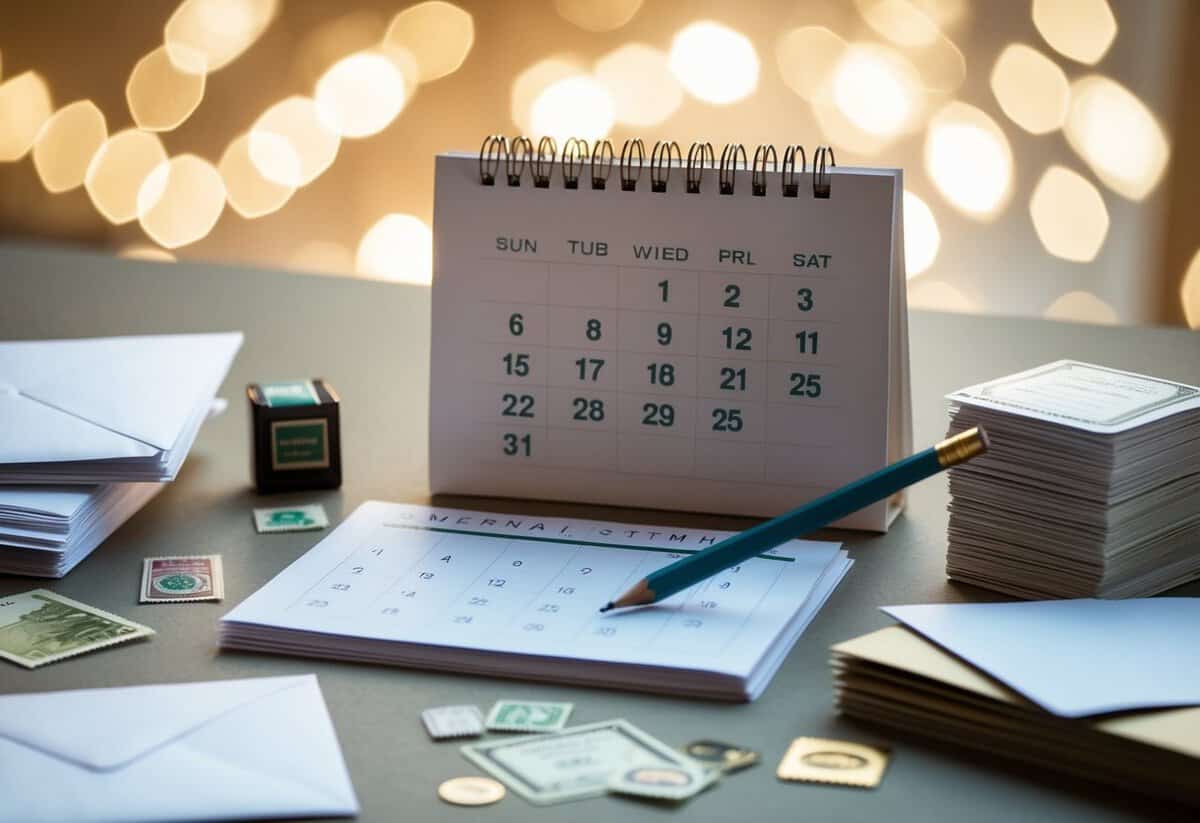 A calendar with a pencil marking the date, surrounded by envelopes, stamps, and a stack of invitations