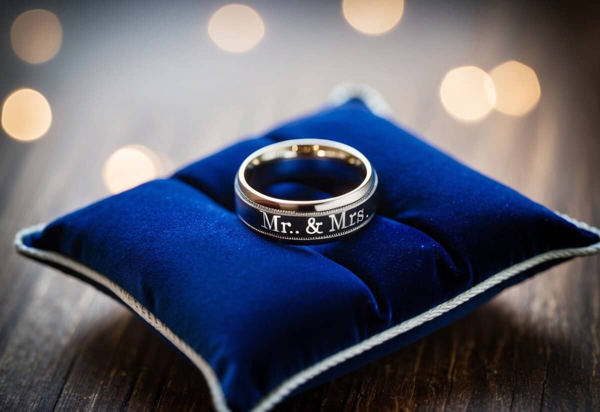 A wedding ring on a velvet pillow, with a "Mr." and "Mrs." engraved on the inside