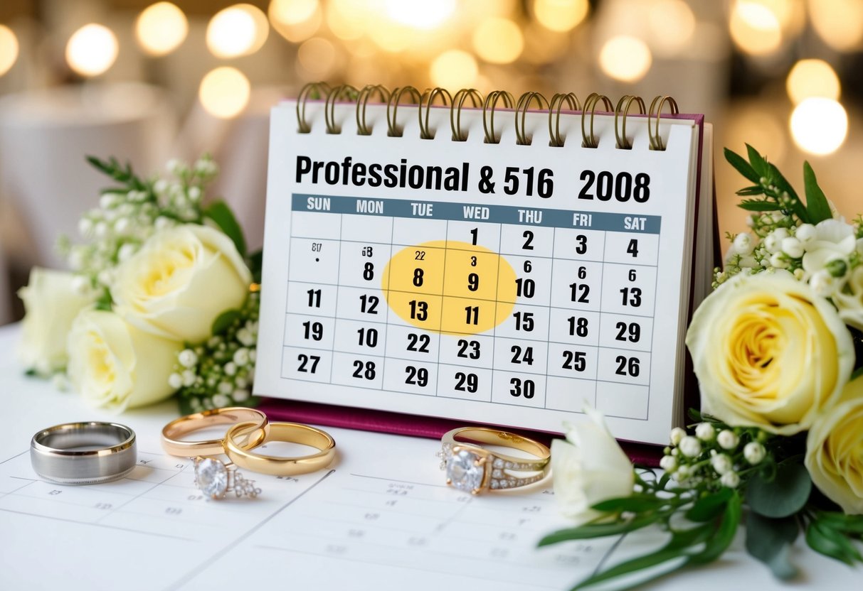 A calendar with a highlighted date circled and surrounded by wedding-related items like rings, flowers, and a venue