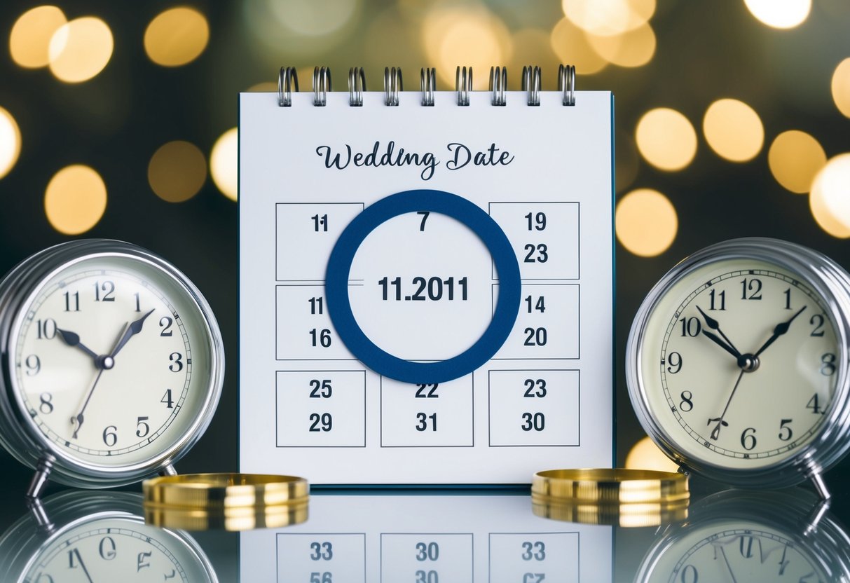 A calendar with a circle around the wedding date, surrounded by clocks showing different times