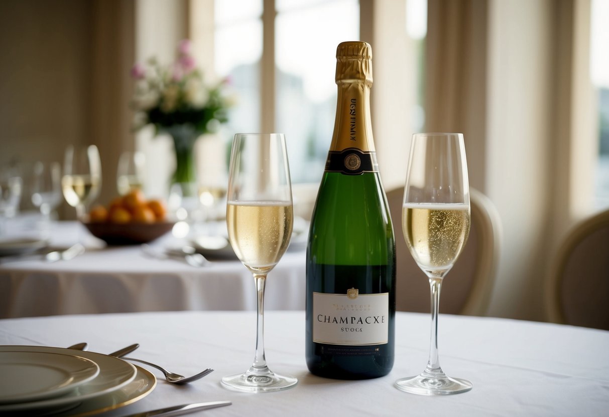 A champagne bottle and two glasses on a elegant table setting