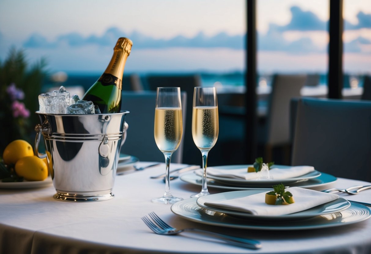 A sophisticated dinner table set for two, with elegant place settings and a bottle of champagne chilling in a bucket