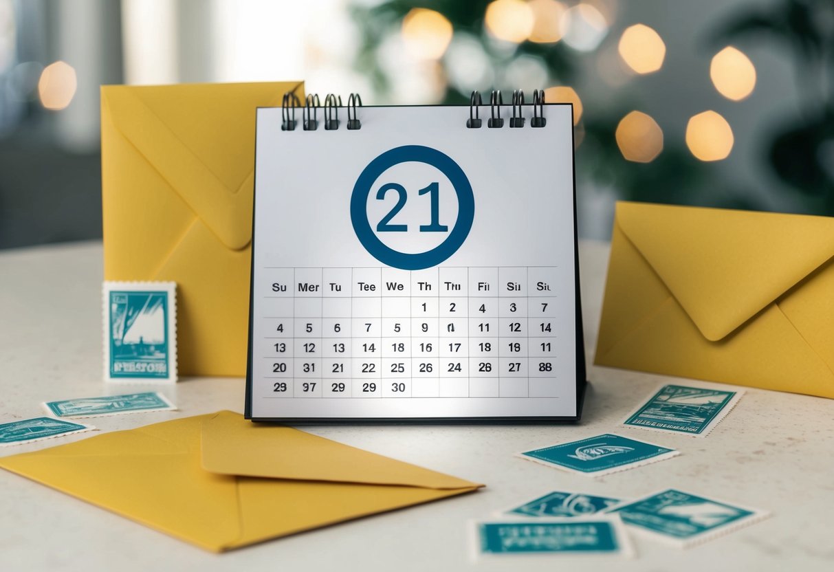 A calendar with a circled date, surrounded by envelopes and stamps