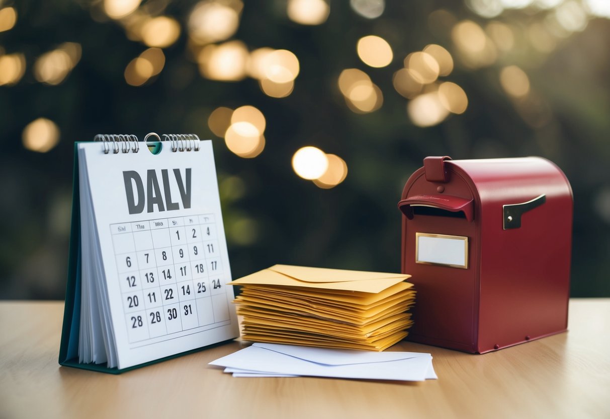 A calendar with a highlighted date, a stack of envelopes, and a postbox