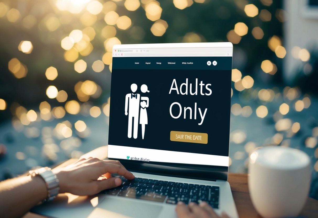 A couple's wedding website with an "Adults Only" icon on the "Save the Date" page