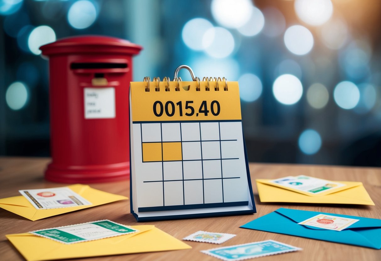 A calendar with a highlighted date, surrounded by envelopes and stamps, with a postbox in the background