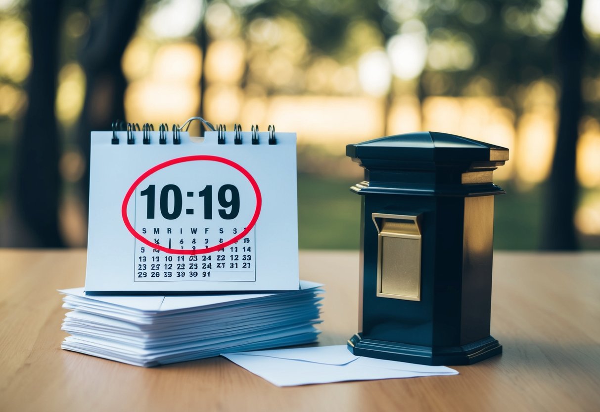 A calendar with a circled date, a stack of envelopes, and a postbox