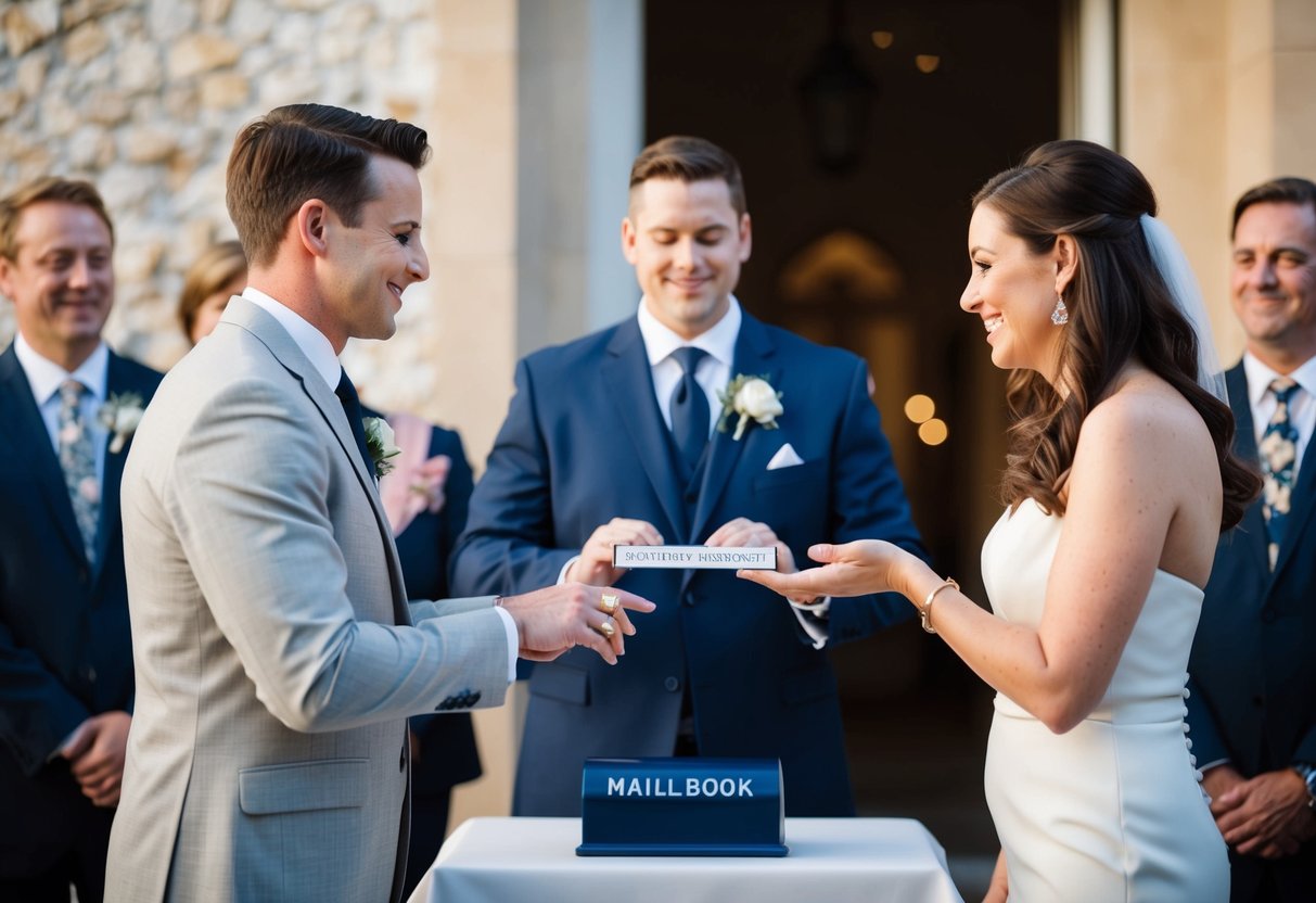A man stands at an altar, exchanging rings with a woman. She holds out a new nameplate for him to place on their shared mailbox
