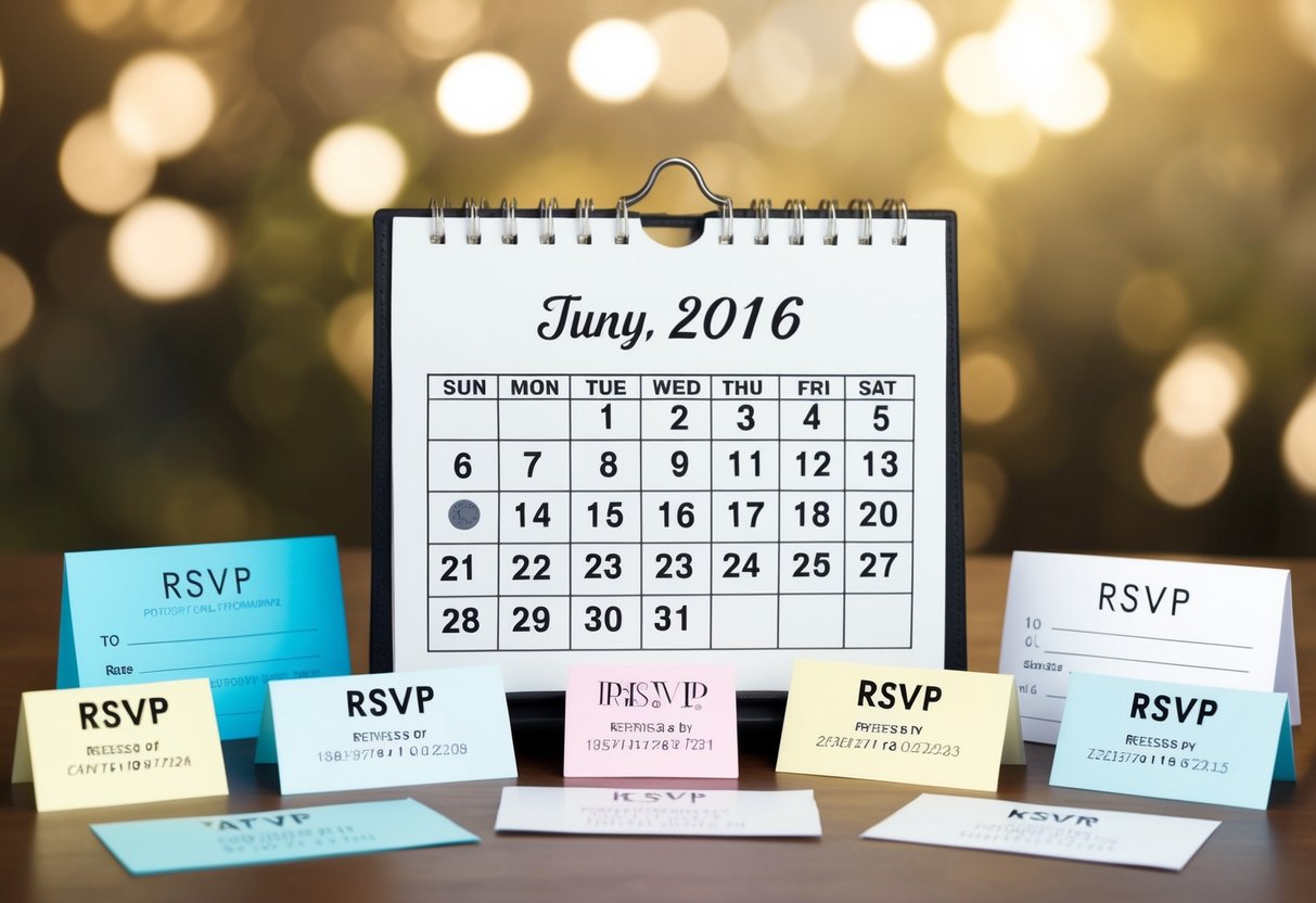 A calendar with a wedding date circled, surrounded by a variety of RSVP response cards with different dates for guests to return them by