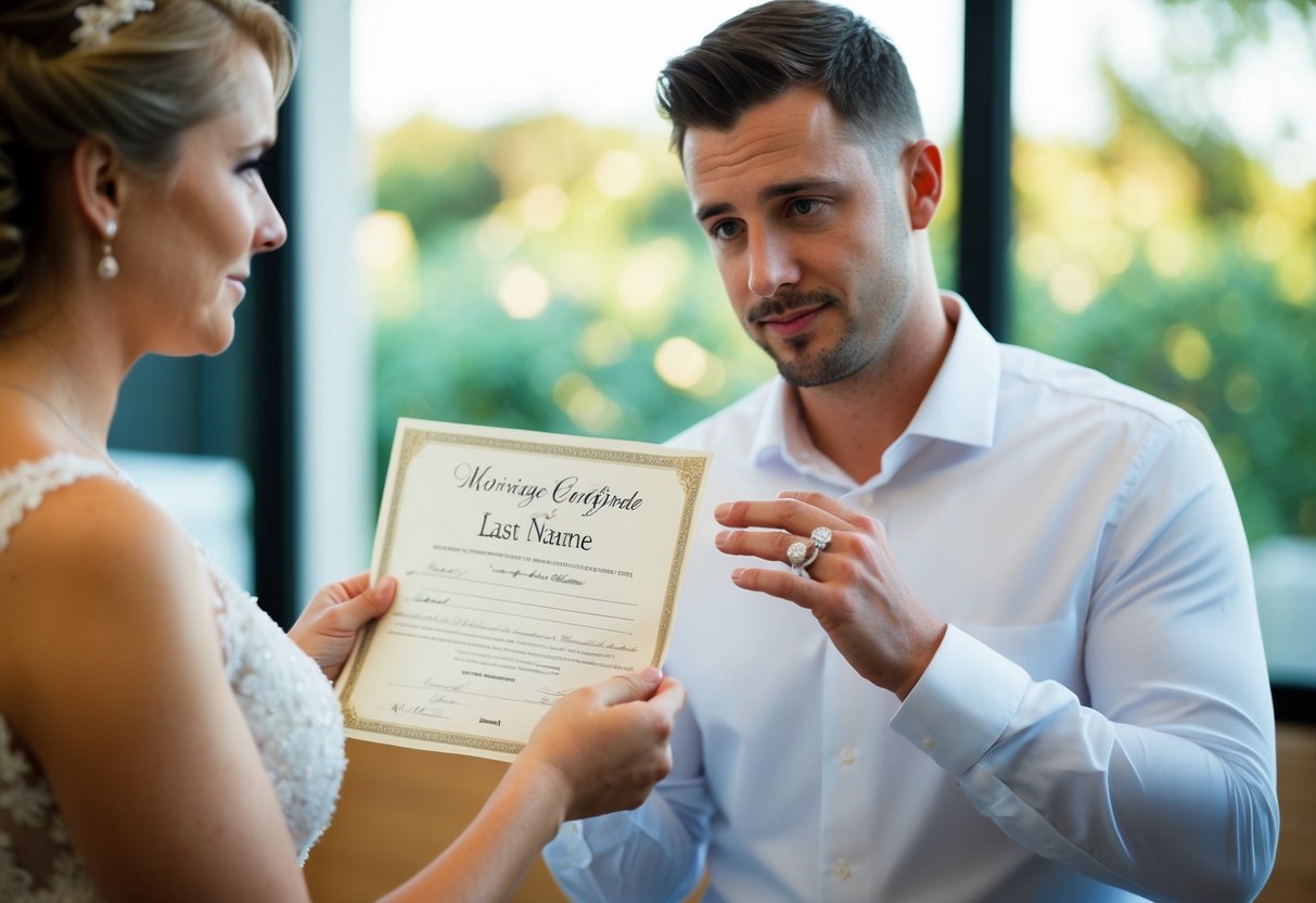 A man holding a wedding ring and a marriage certificate, pondering over whether to take the bride's last name
