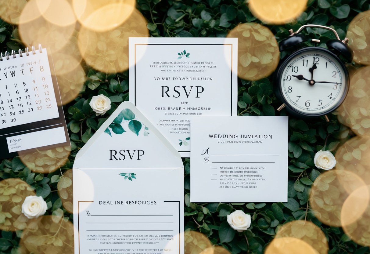 A wedding invitation with an RSVP card and envelope, surrounded by a calendar and clock indicating a deadline for responses
