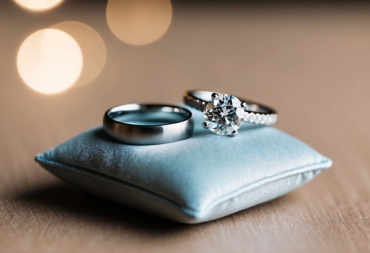 A sparkling engagement ring placed beside a simple, elegant wedding band on a soft velvet cushion