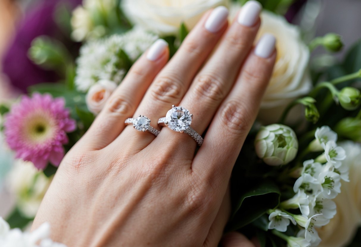 A hand holding a sparkling diamond ring, surrounded by wedding flowers and a wedding band