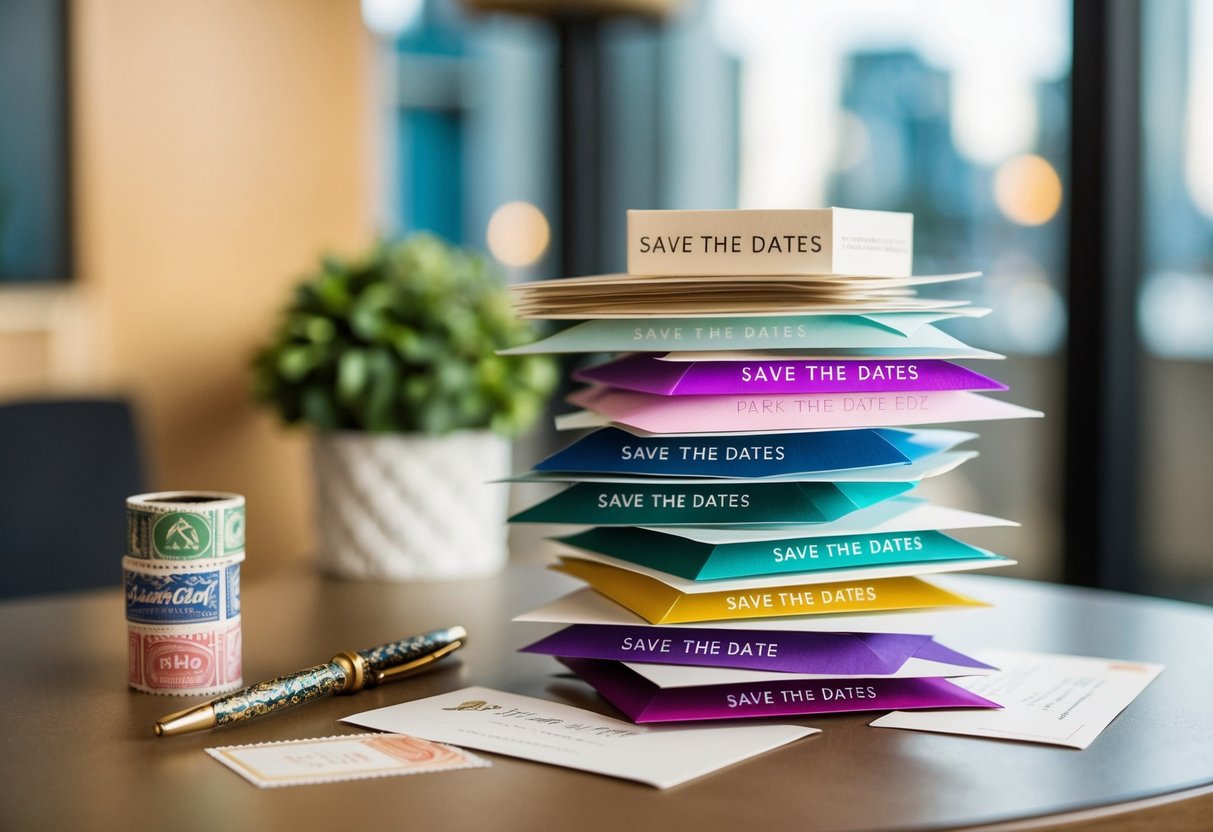 A stack of save the dates in various designs and colors, some with envelopes, arranged on a table next to a decorative pen and a roll of stamps